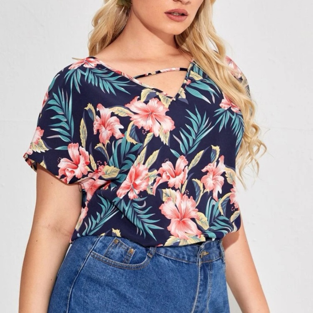SHEIN tropical print keyhole blouse